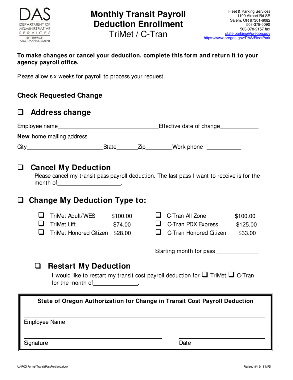 Monthly Transit Payroll Deduction Enrollment - Trimet / C-Tran - Oregon, Page 2