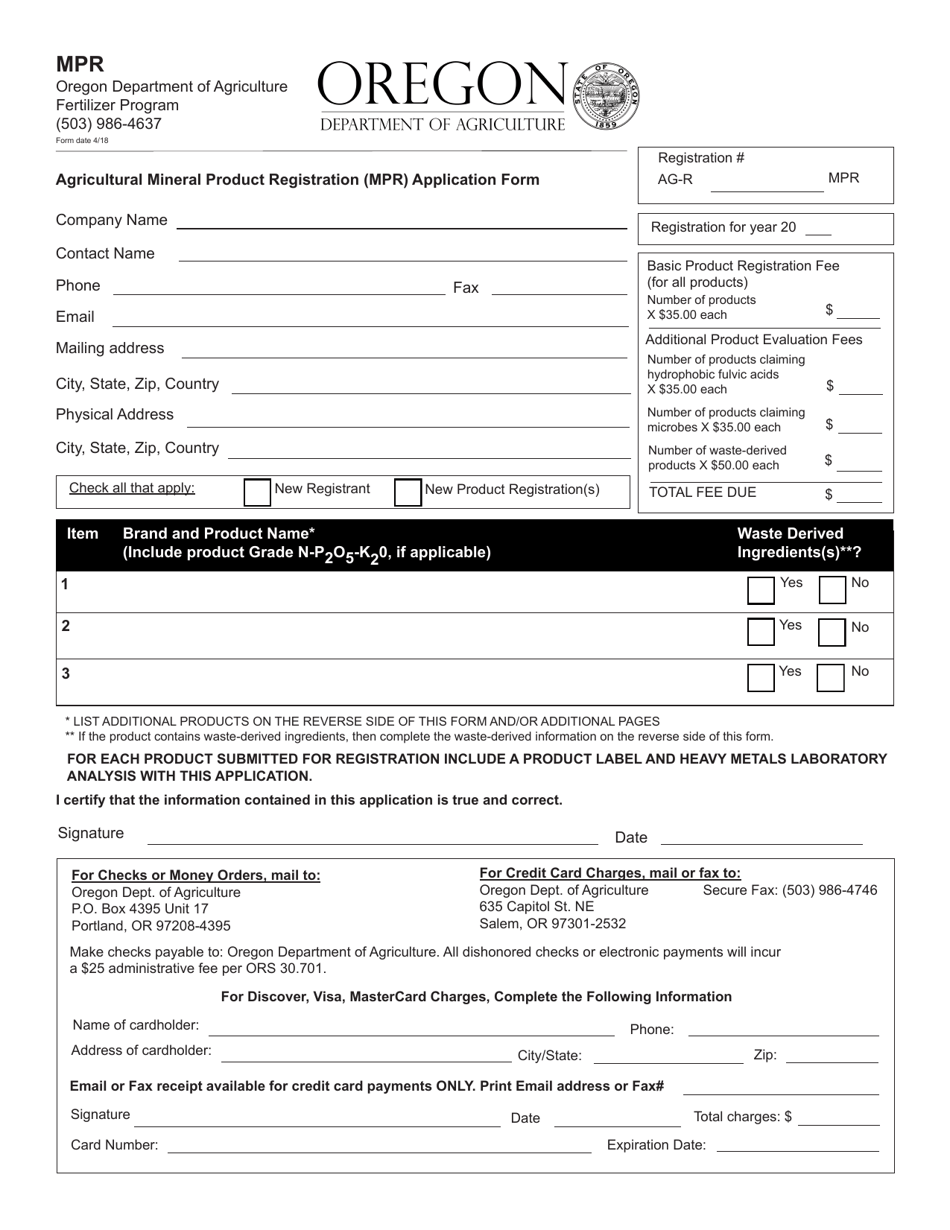 Agricultural Mineral Product Registration (Mpr) Application Form - Oregon, Page 1