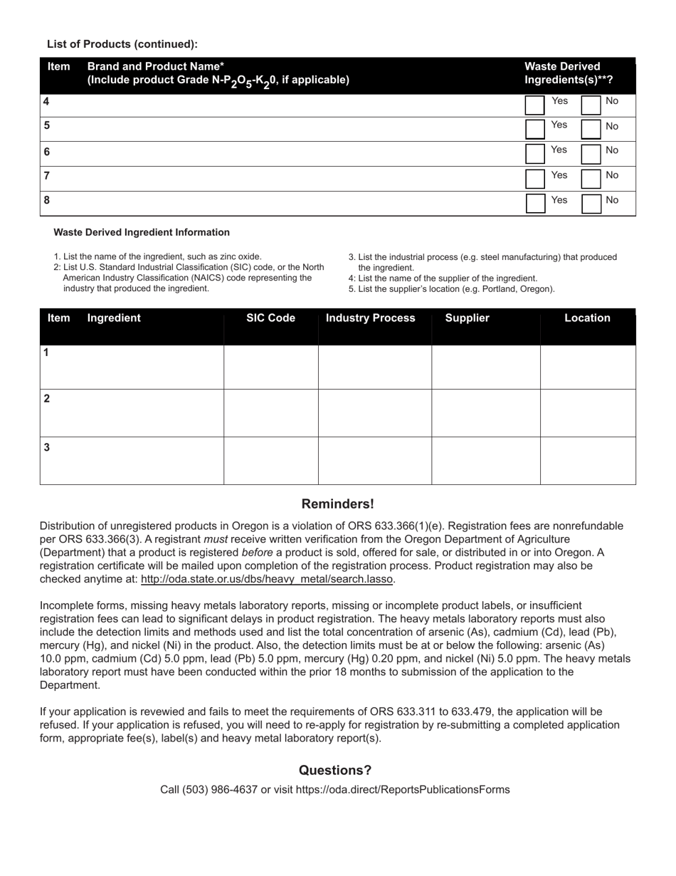 Agricultural Mineral Product Registration (Mpr) Application Form - Oregon, Page 2