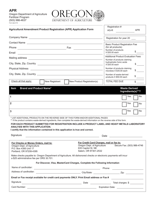 Agricultural Amendment Product Registration (Apr) Application Form - Oregon Download Pdf