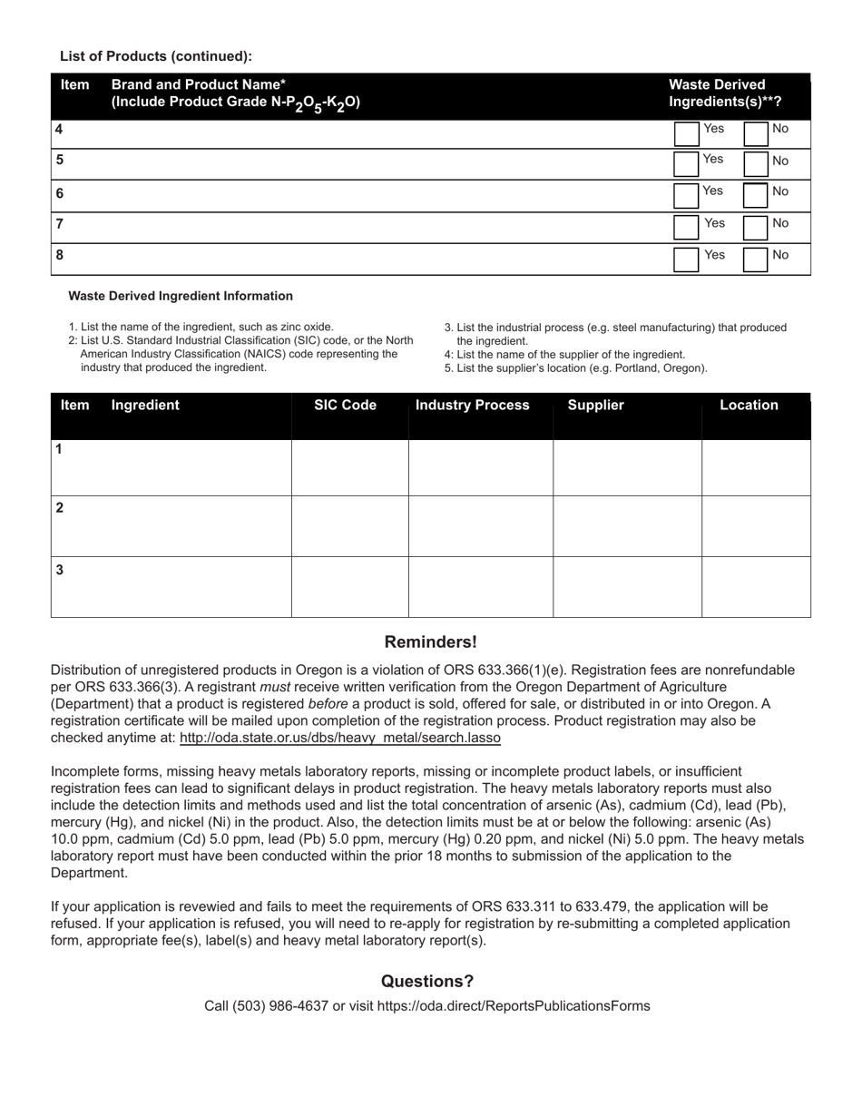 Fertilizer Product Registration (Fpr) Application Form - Oregon, Page 2