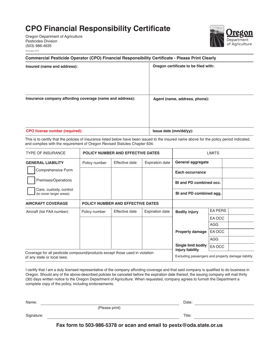 Cpo Financial Responsibility Certifcate Form - Oregon, Page 1