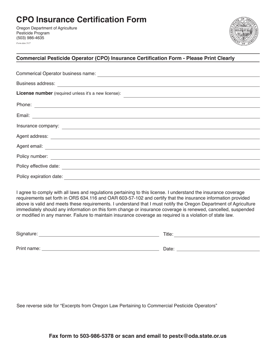 Commercial Pesticide Operator (Cpo) Insurance Certification Form - Oregon, Page 1
