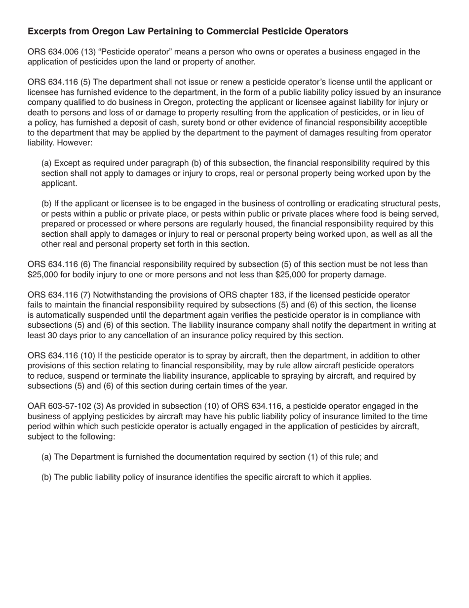 Commercial Pesticide Operator (Cpo) Insurance Certification Form - Oregon, Page 2