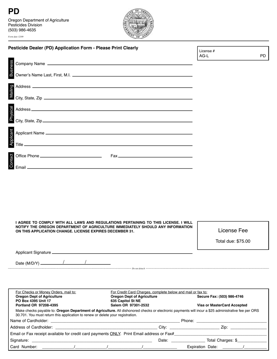 Pesticide Dealer (Pd) Application Form - Oregon, Page 1