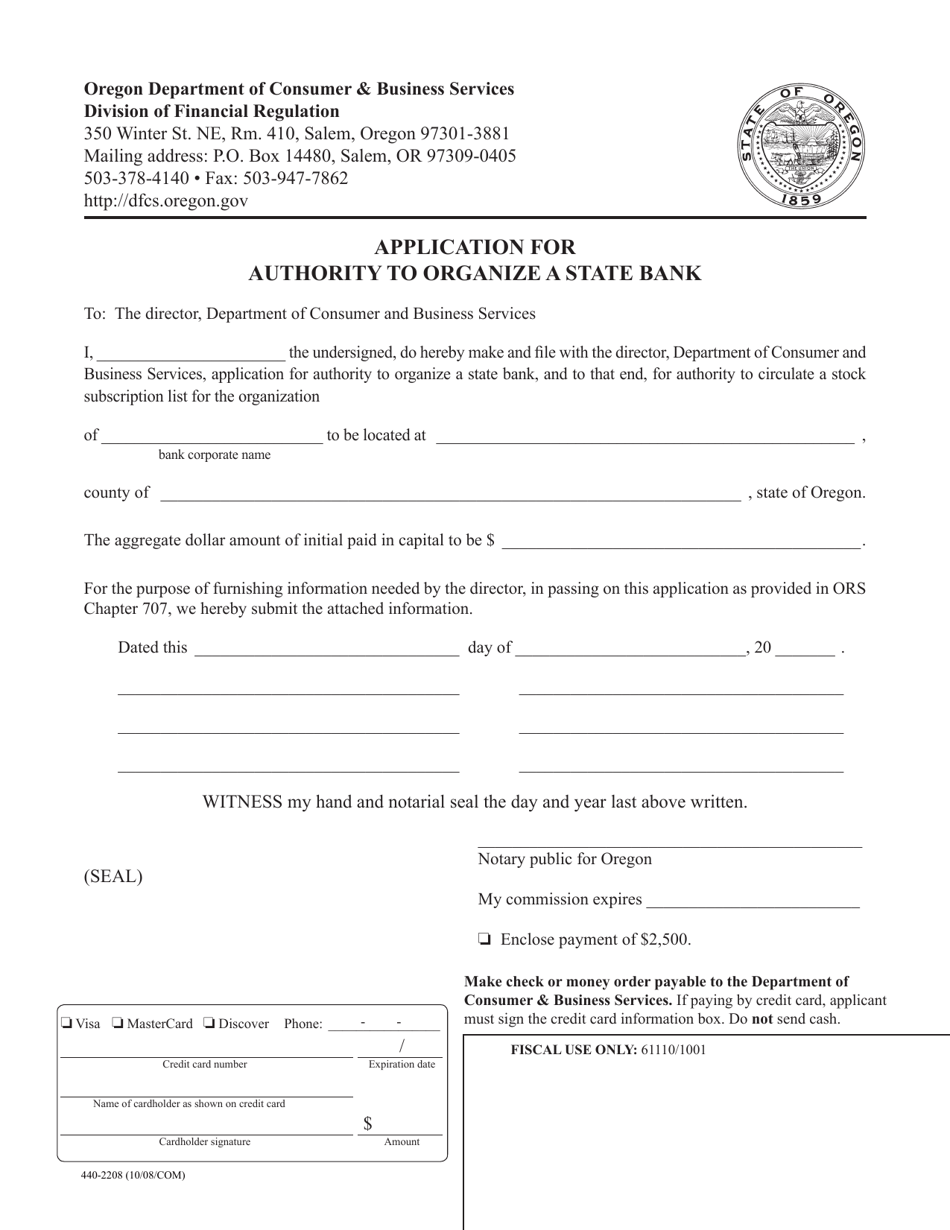 Form 440-2208 Application for Authority to Organize a State Bank - Oregon, Page 1