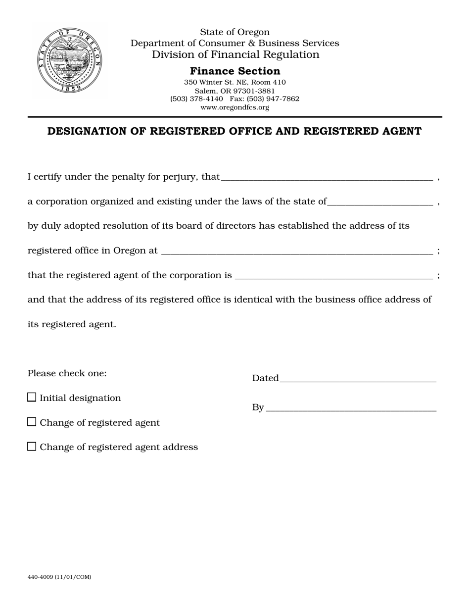 Form 440-4009 Designation of Registered Office and Registered Agent - Oregon, Page 1