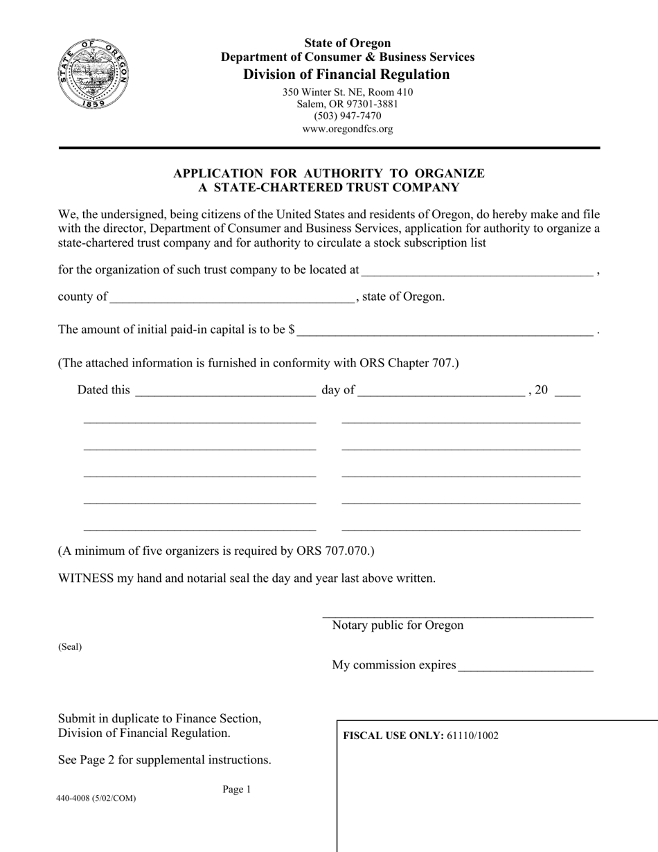 Form 440-4008 Application for Authority to Organize a State-Chartered Trust Company - Oregon, Page 1