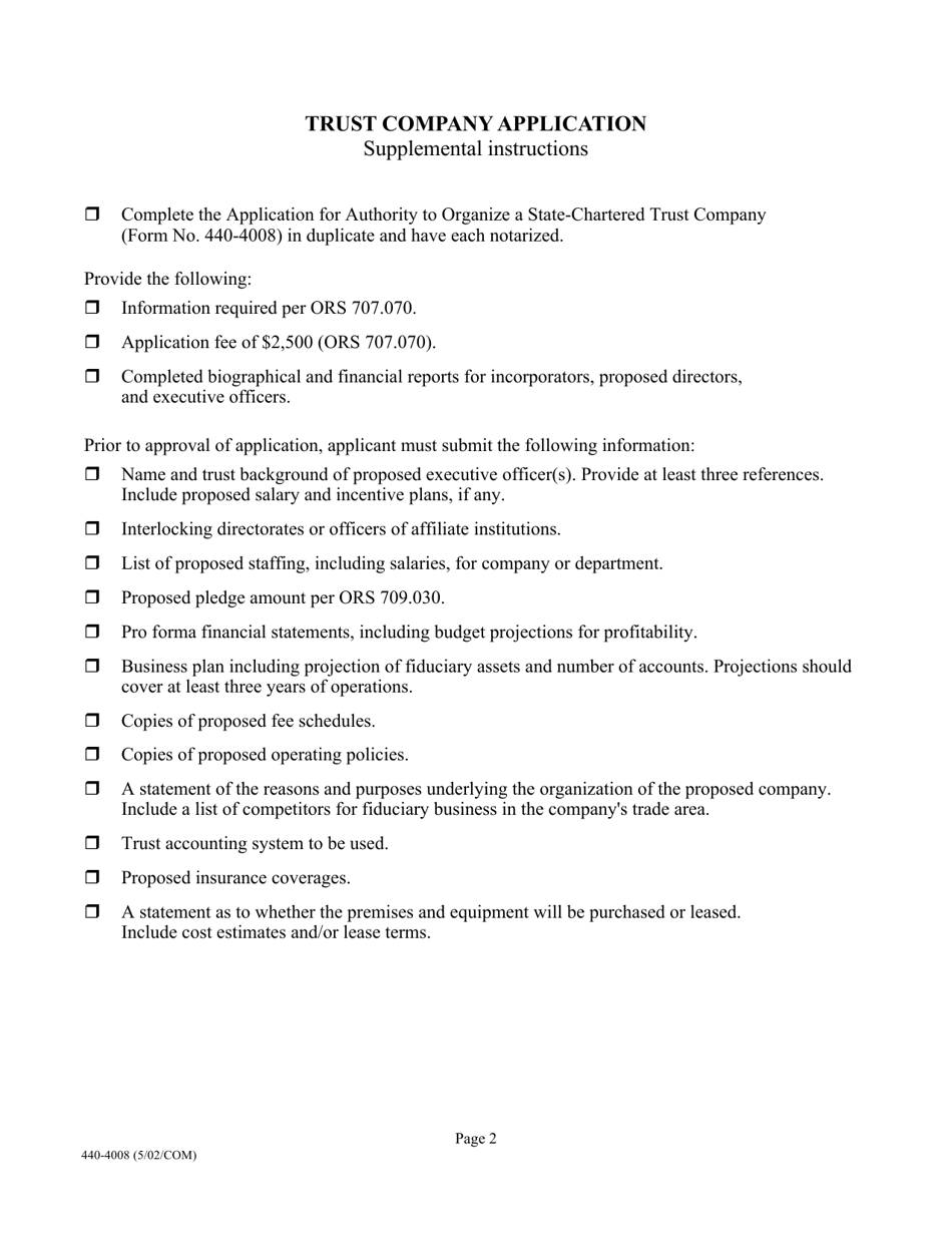 Form 440-4008 Application for Authority to Organize a State-Chartered Trust Company - Oregon, Page 2