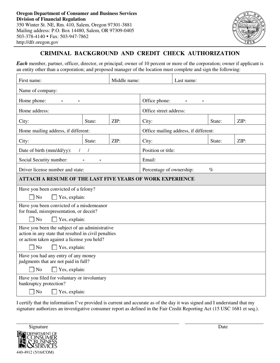 Form 440-4912 Criminal Background and Credit Check Authorization - Oregon, Page 1