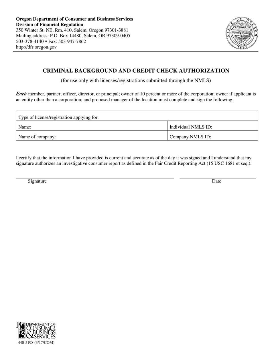 Form 440-5198 Criminal Background and Credit Check Authorization - Short Form - Oregon, Page 1