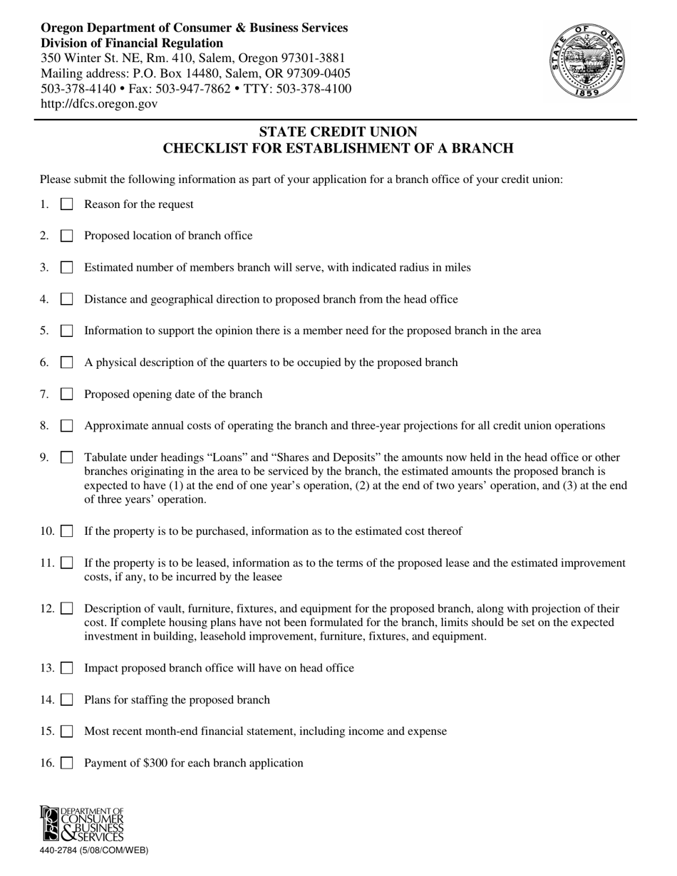 Form 440-2784 Application for Permission to Establish a Credit Union Branch Office - Oregon, Page 1
