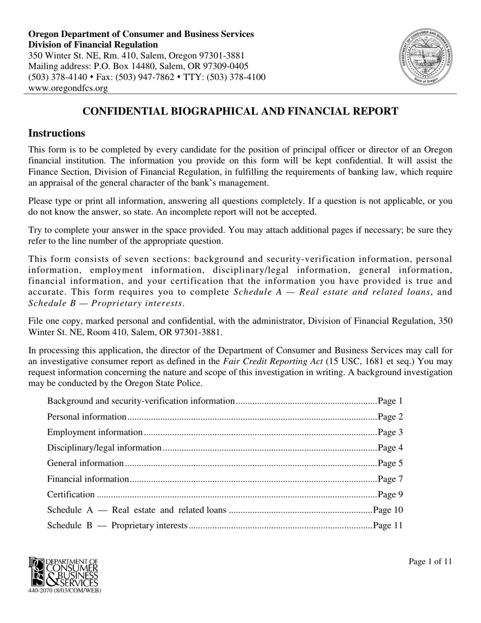 Form 440-2070 Confidential Biographical and Financial Report - Oregon, Page 1