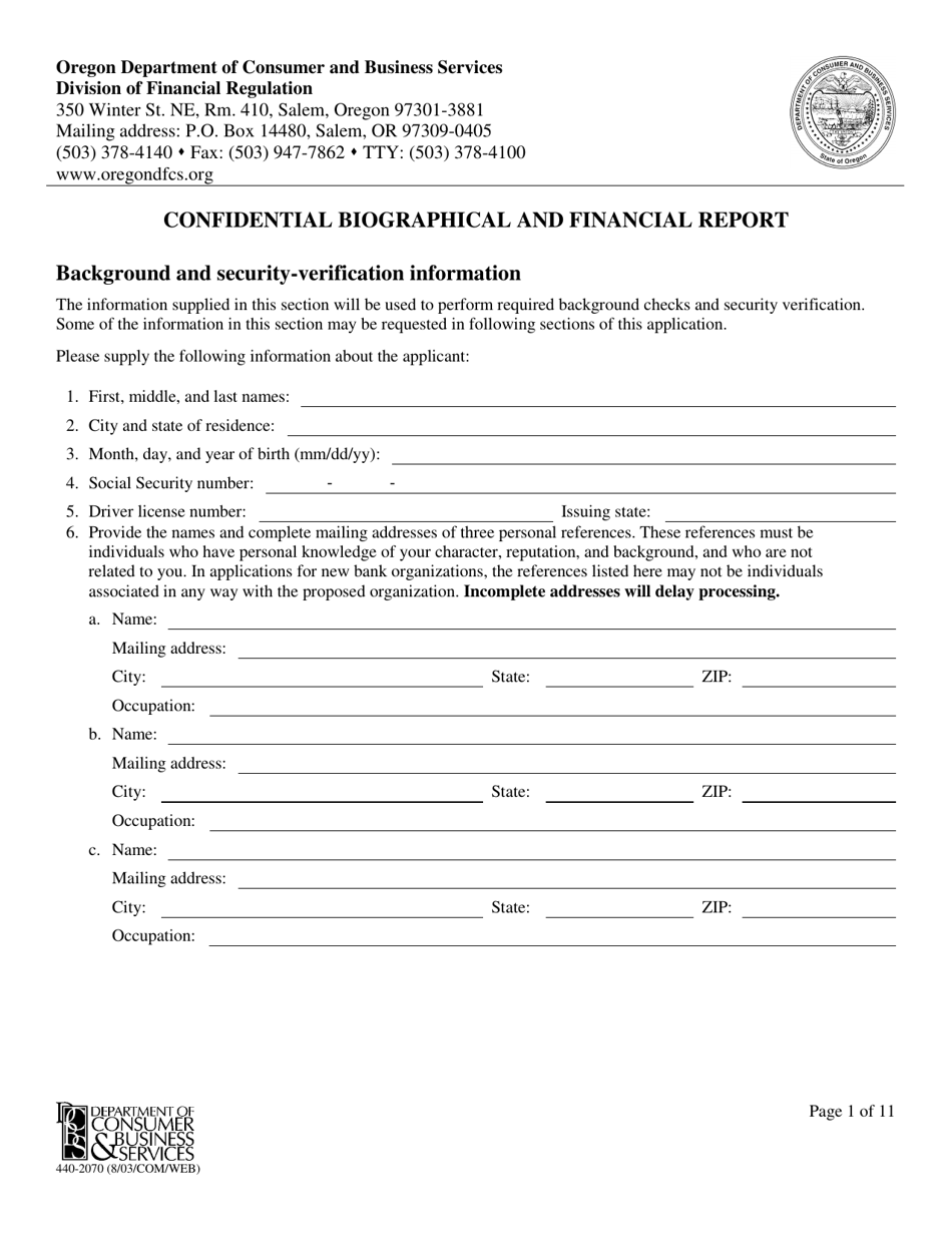 Form 440-2070 Confidential Biographical and Financial Report - Oregon, Page 2