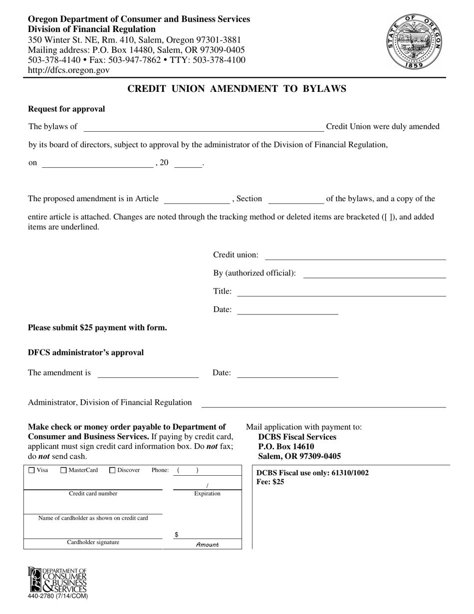 Form 440-2780 Credit Union Amendment to Bylaws - Oregon, Page 1