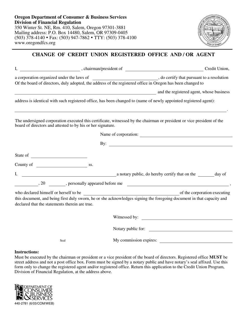 Form 440-2781 Change of Credit Union Registered Office and / or Agent - Oregon, Page 1