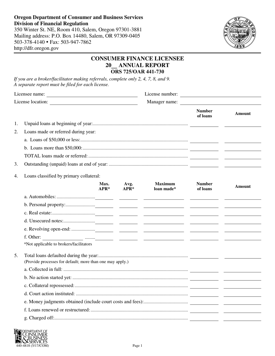 Form 440-4818 Consumer Finance Licensee Annual Report - Oregon, Page 1