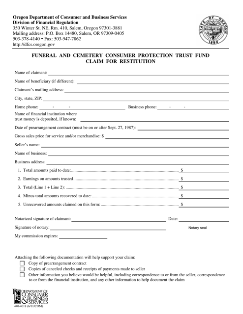 Form 440-4018 Funeral and Cemetery Consumer Protection Trust Fund Claim for Restitution - Oregon