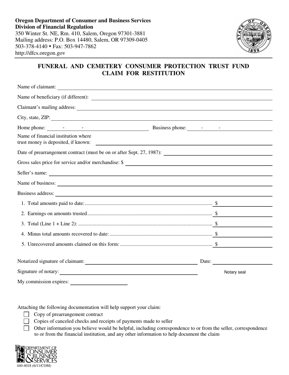 Form 440-4018 Funeral and Cemetery Consumer Protection Trust Fund Claim for Restitution - Oregon, Page 1