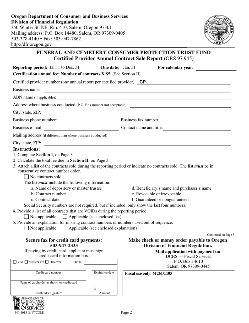 Form 440-4013 Funeral and Cemetery Consumer Protection Trust Fund Certified Provider Contract Sales Annual Report - Oregon, Page 2
