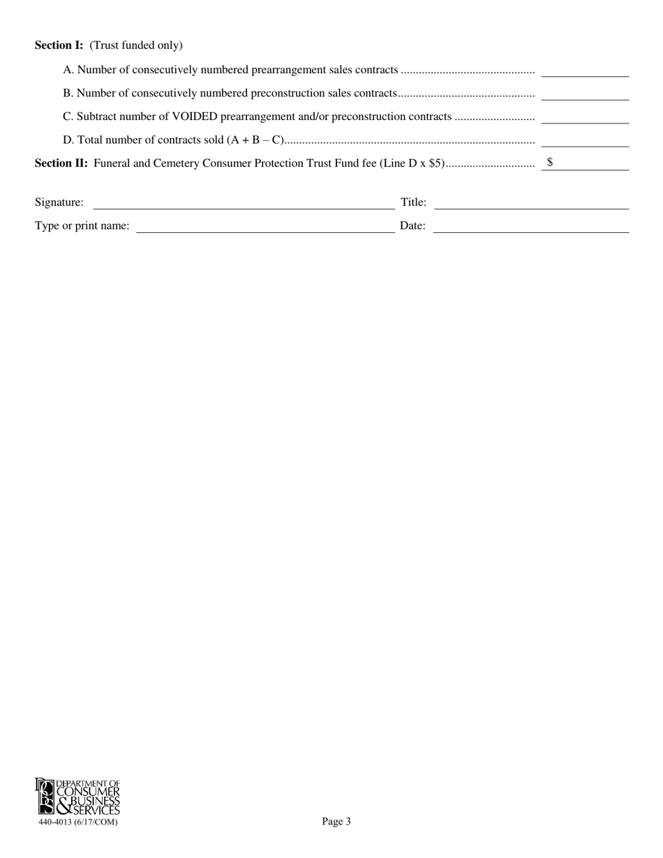 Form 440-4013 Funeral and Cemetery Consumer Protection Trust Fund Certified Provider Contract Sales Annual Report - Oregon, Page 3