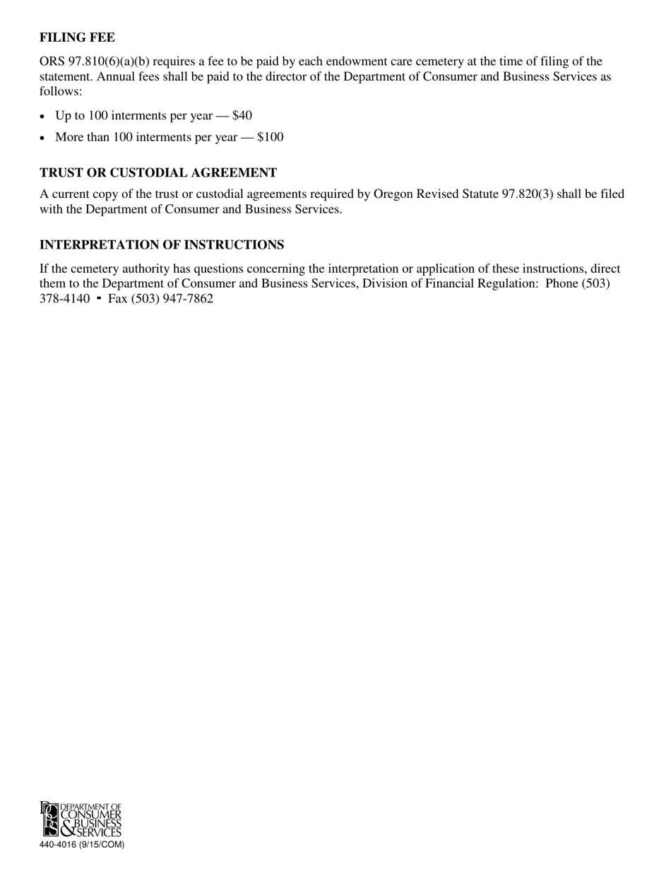 Form 440-4016 Endowment Care Cemetery Annual Report - Oregon, Page 2