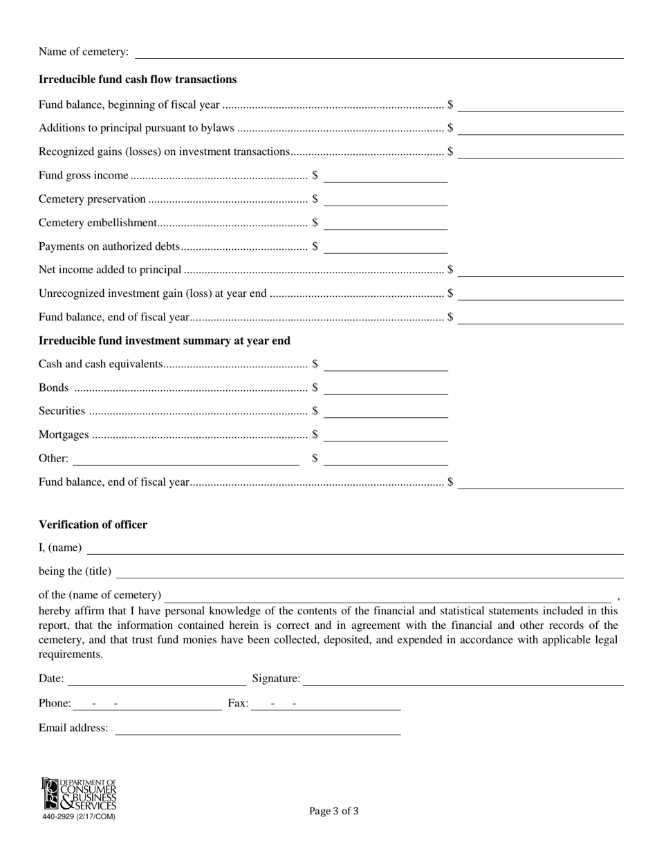 Form 440-2929 Irreducible Fund Cemetery Annual Report - Oregon, Page 3
