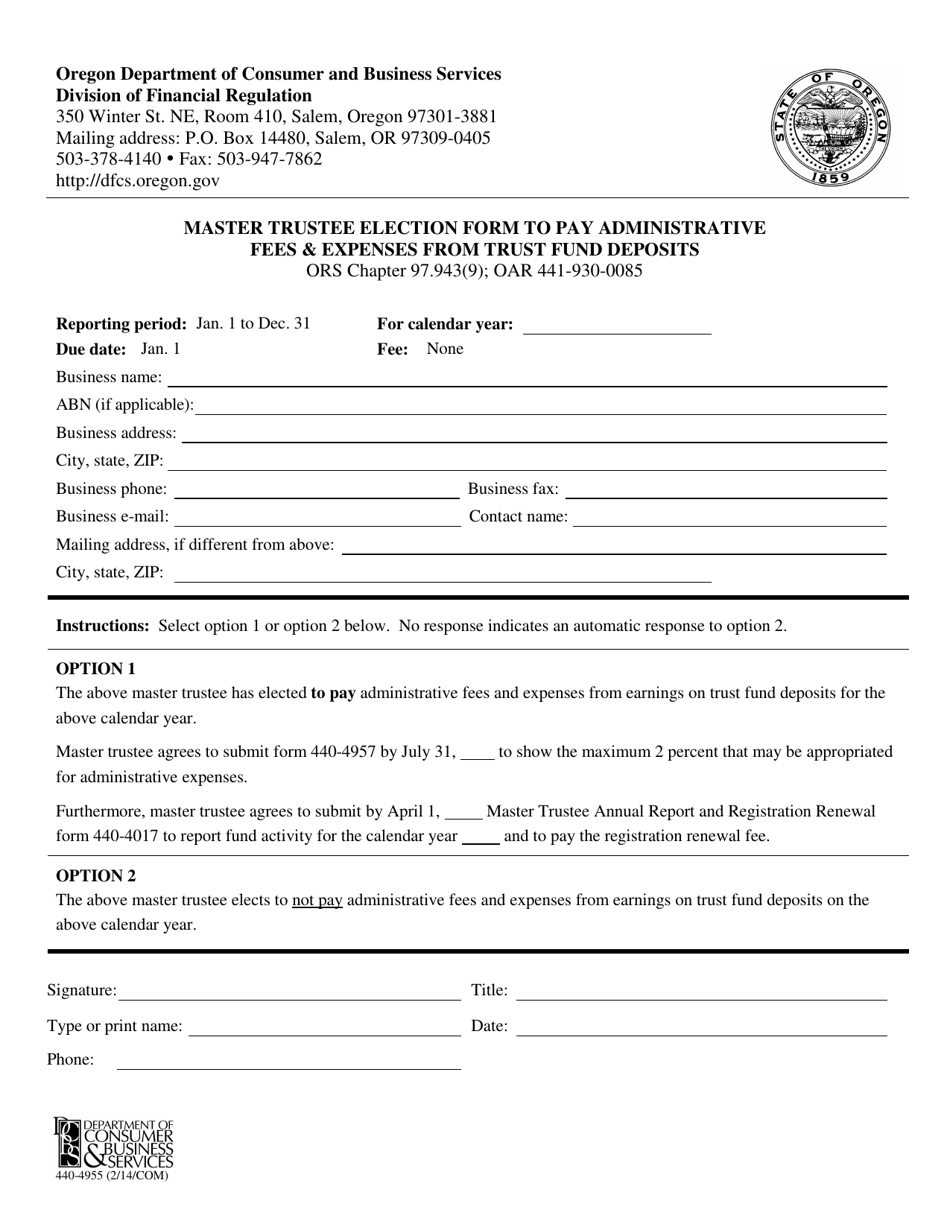 Form 440-4955 Master Trustee Election Form to Pay Administrative Fees  Expenses From Trust Fund Deposits - Oregon, Page 2