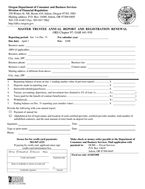 Form 440-4017 Master Trustee Annual Report and Registration Renewal - Oregon