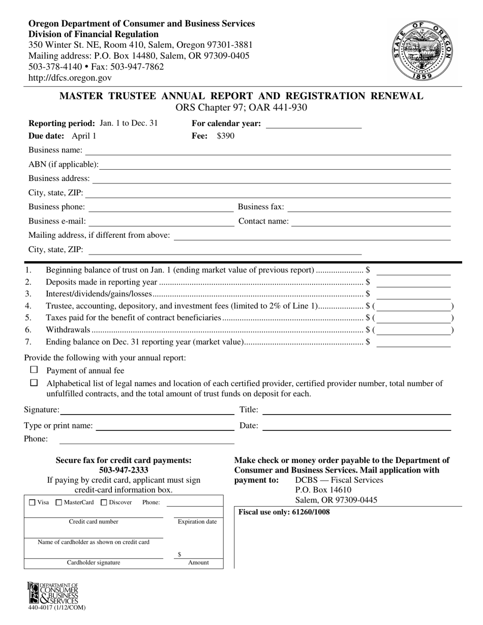Form 440-4017 Master Trustee Annual Report and Registration Renewal - Oregon, Page 1