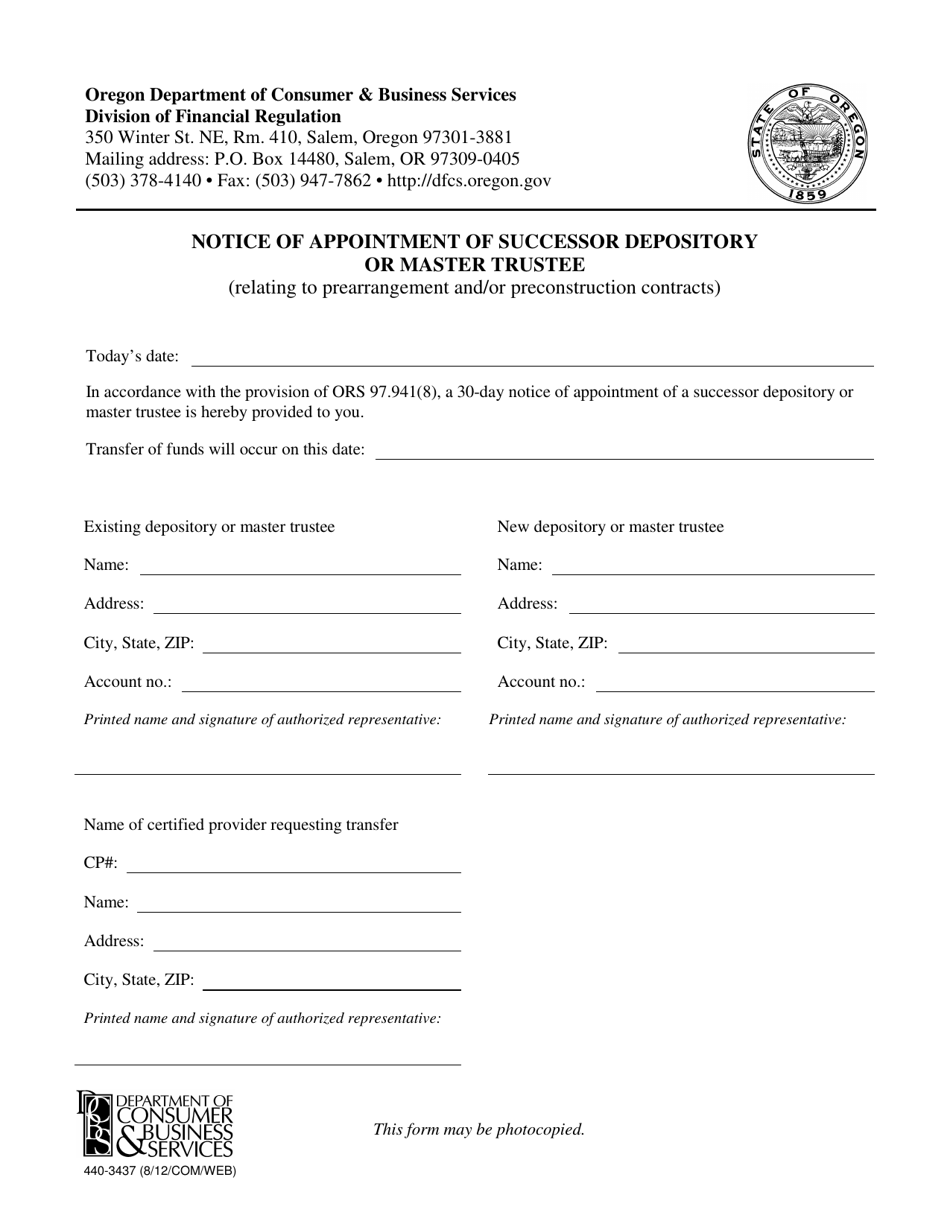 Form 440-3437 Notice of Appointment of Successor Depository or Master Trustee - Oregon, Page 1