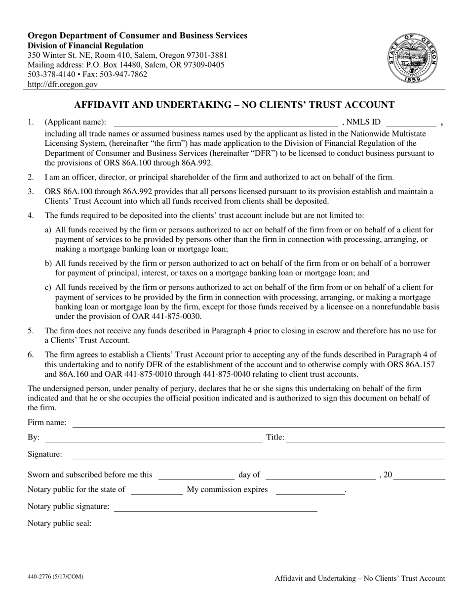 Form 440-2776 Affidavit and Undertaking - No Clients Trust Account - Oregon, Page 1