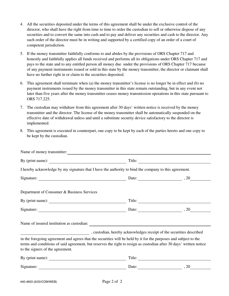 Form 440-4603 Deposit in Lieu of Security Device - Oregon, Page 2