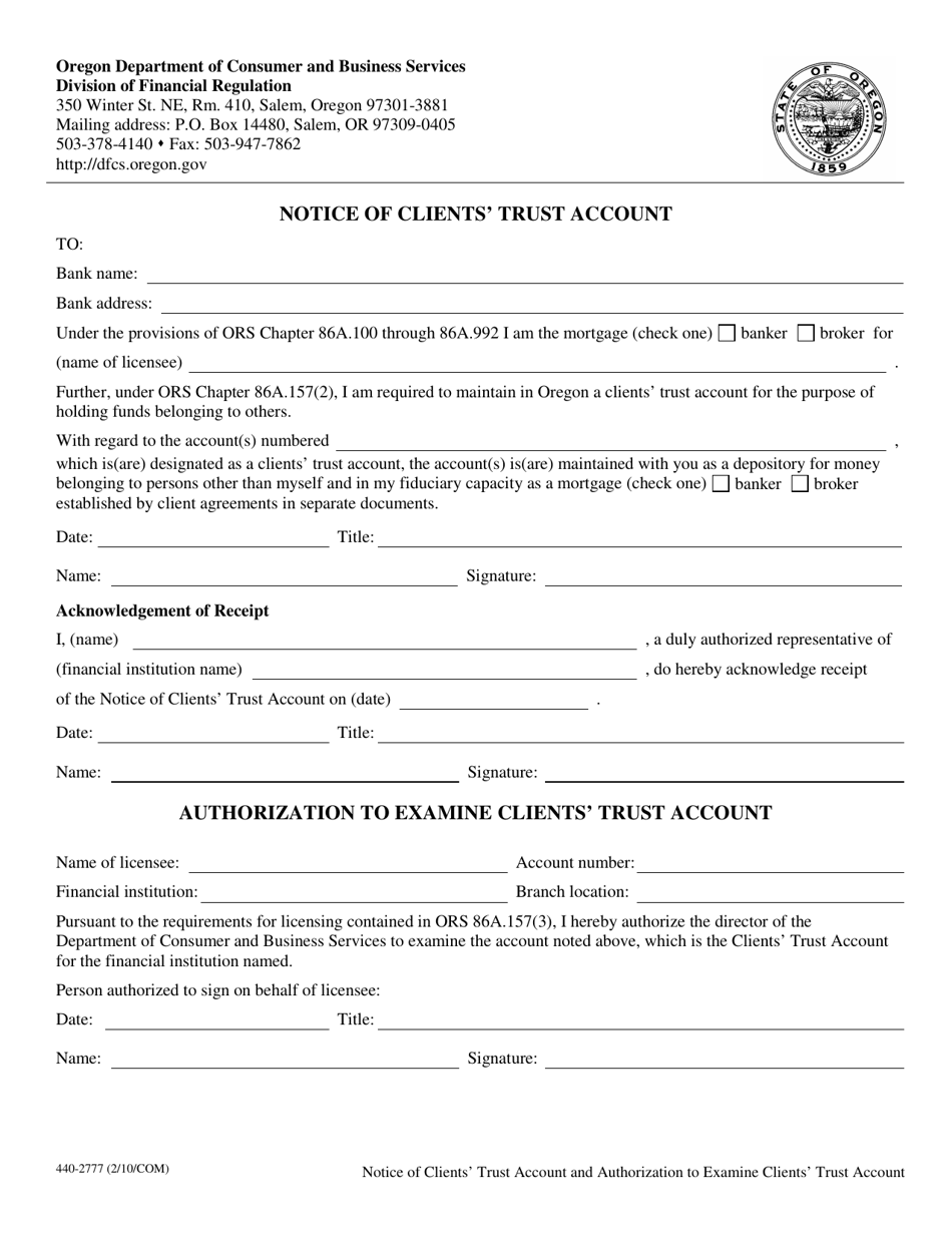 Form 440-2777 Notice of Clients Trust Account - Oregon, Page 1