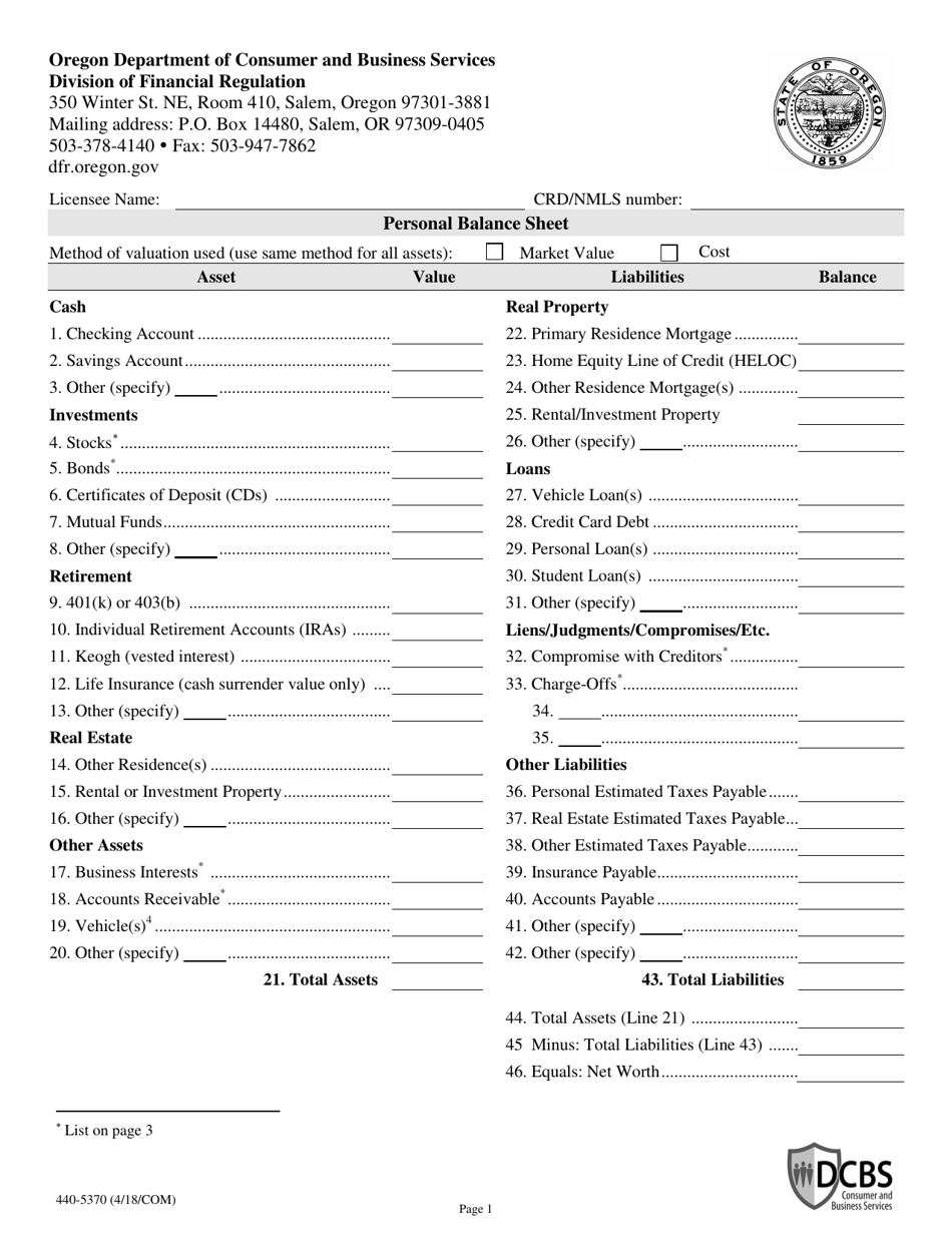 Form 440-5370 Personal Balance Sheet - Oregon, Page 1