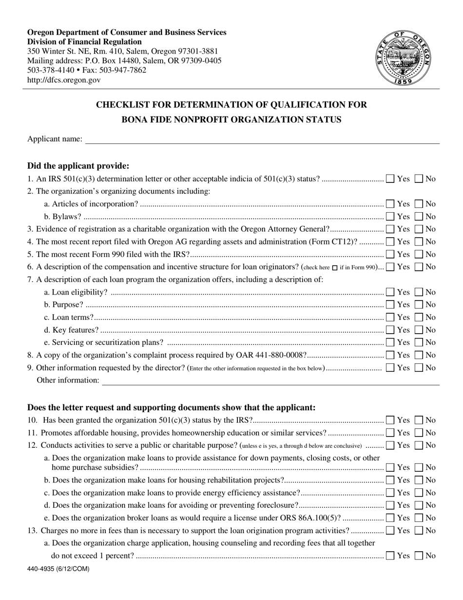 Form 440-4935 Checklist for Determination of Qualification for Bona Fide Nonprofit Organization Status - Oregon, Page 1