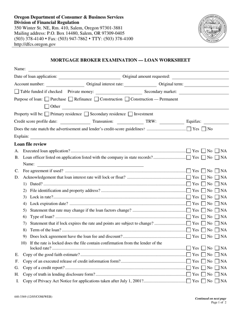 Form 440-3369 Mortgage Broker Examination " Loan Worksheet - Oregon