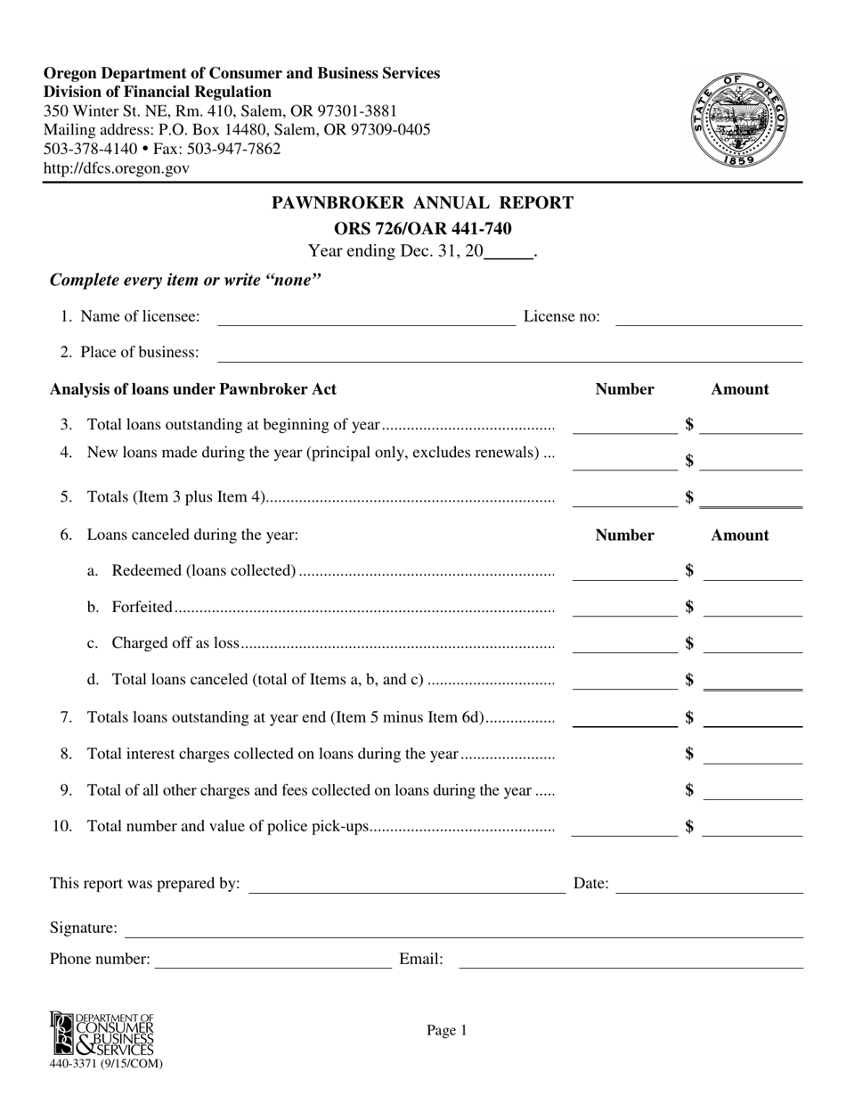 Form 440-3371 Pawnbroker Annual Report - Oregon, Page 1