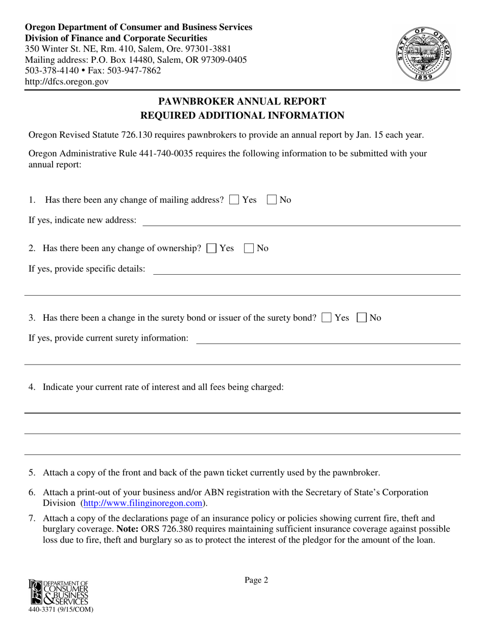Form 440-3371 Pawnbroker Annual Report - Oregon, Page 2