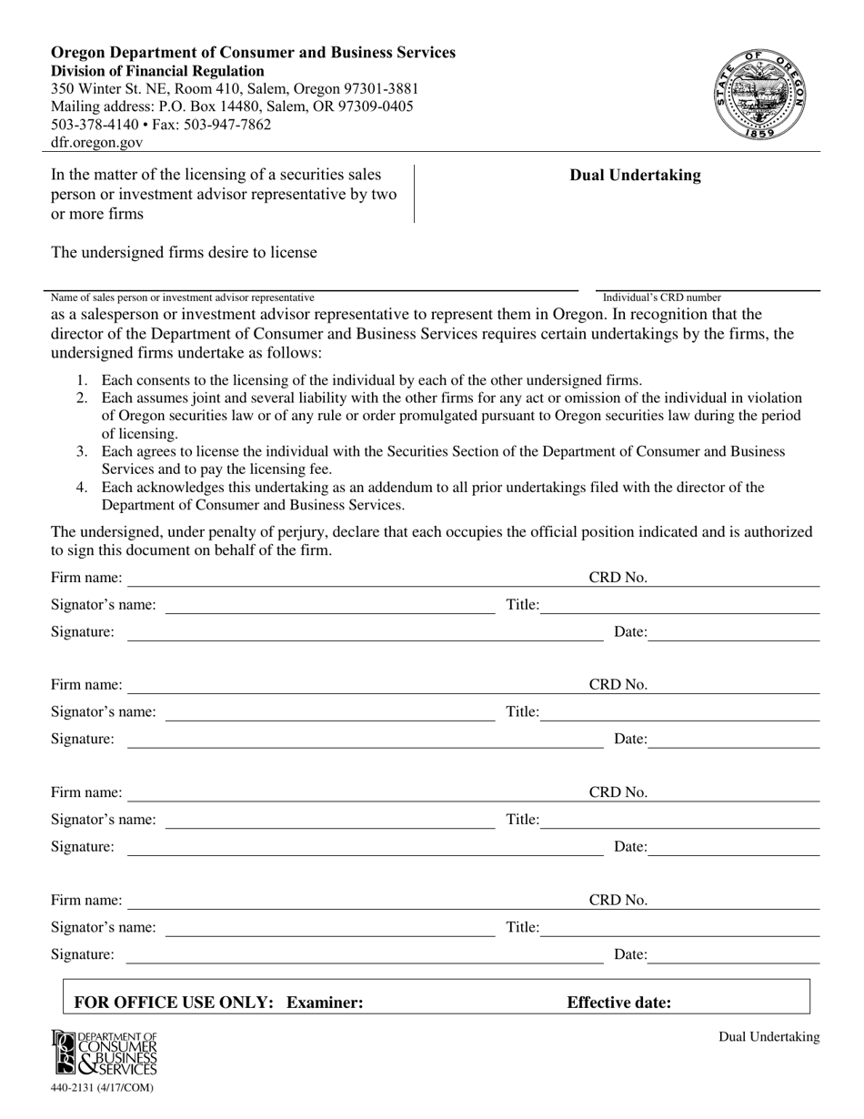 Form 440-2131 Dual Undertaking - Oregon, Page 1