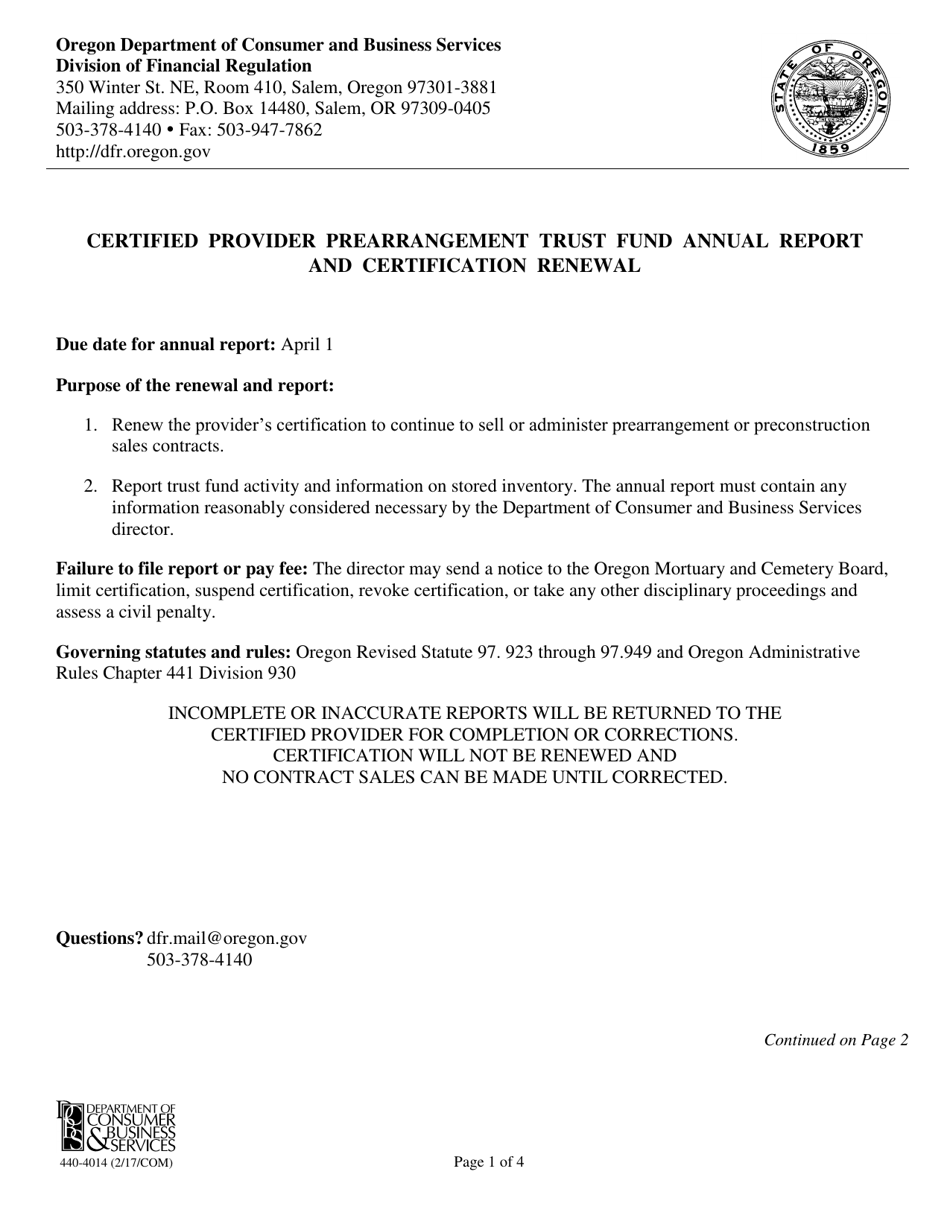 Form 440-4014 Certified Provider Prearrangement Trust Fund Annual Report and Certification Renewal - Oregon, Page 1