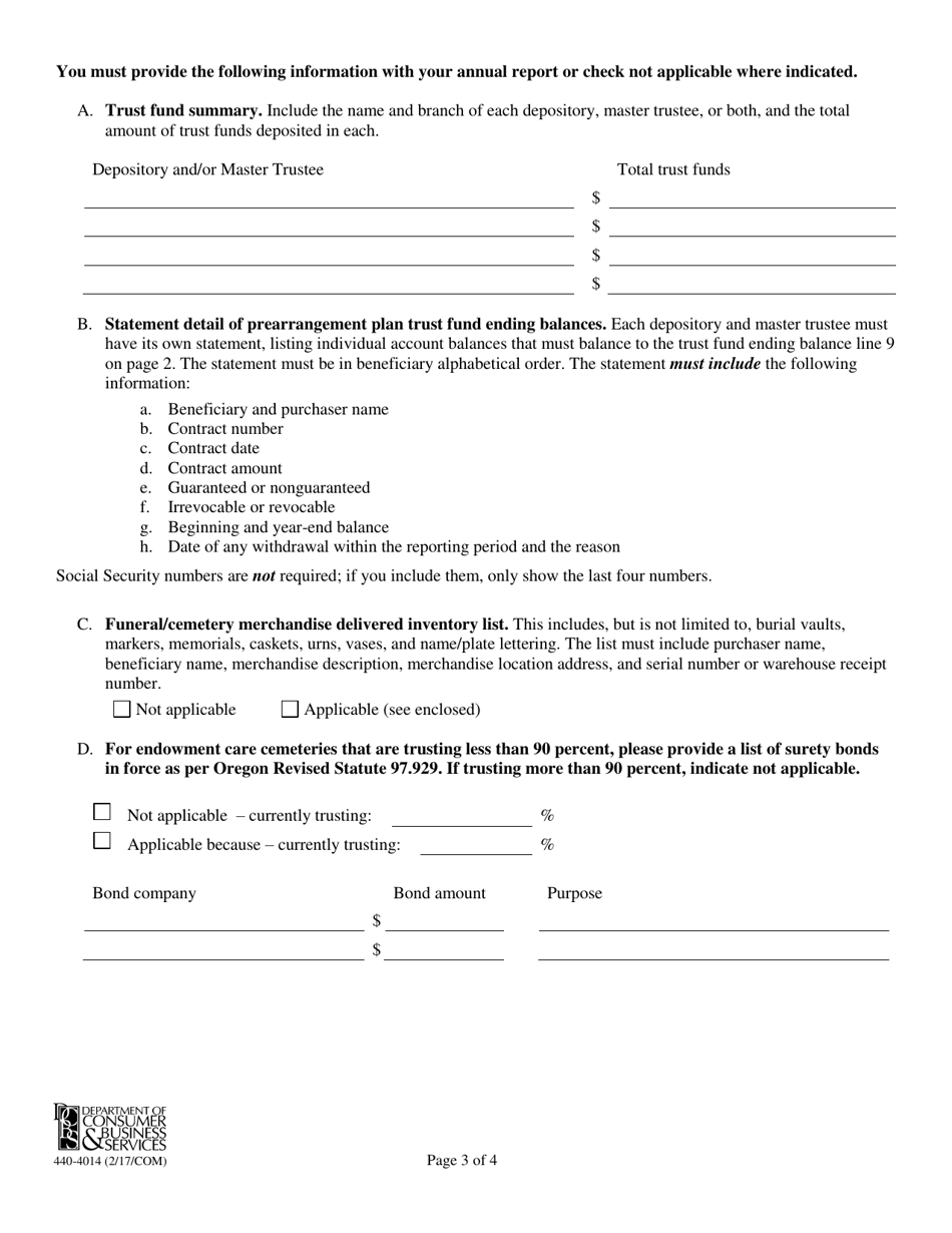 Form 440-4014 Certified Provider Prearrangement Trust Fund Annual Report and Certification Renewal - Oregon, Page 3