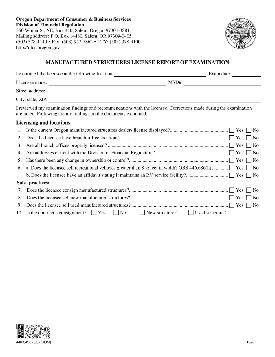 Form 440-3498 Manufactured Structures License Report of Examination - Oregon, Page 1