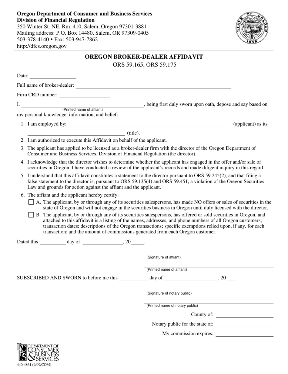 Form 440-4861 Oregon Broker-Dealer Affidavit - Oregon, Page 1
