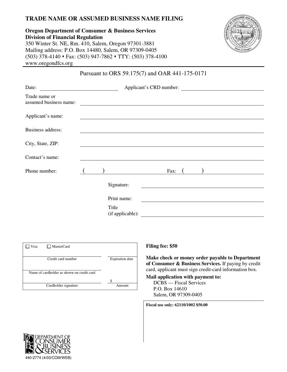 Form 440-2774 Trade Name or Assumed Business Name Filing - Oregon, Page 1