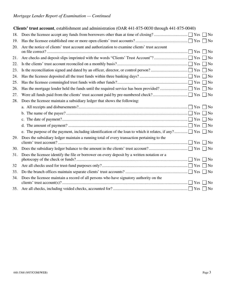 Form 440-3368 Mortgage Lender Report of Examination - Oregon, Page 3