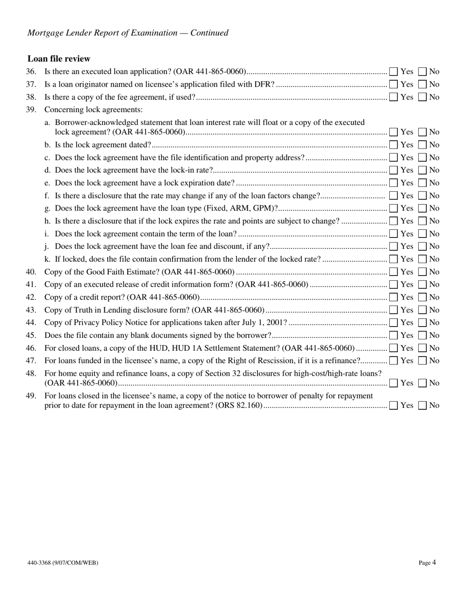 Form 440-3368 Mortgage Lender Report of Examination - Oregon, Page 4