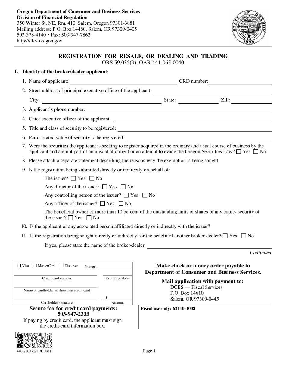Form 440-2203 Registration for Resale, or Dealing and Trading - Oregon, Page 1