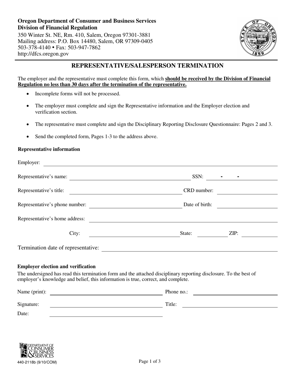 Form 440-2118B Representative / Salesperson Termination - Oregon, Page 1
