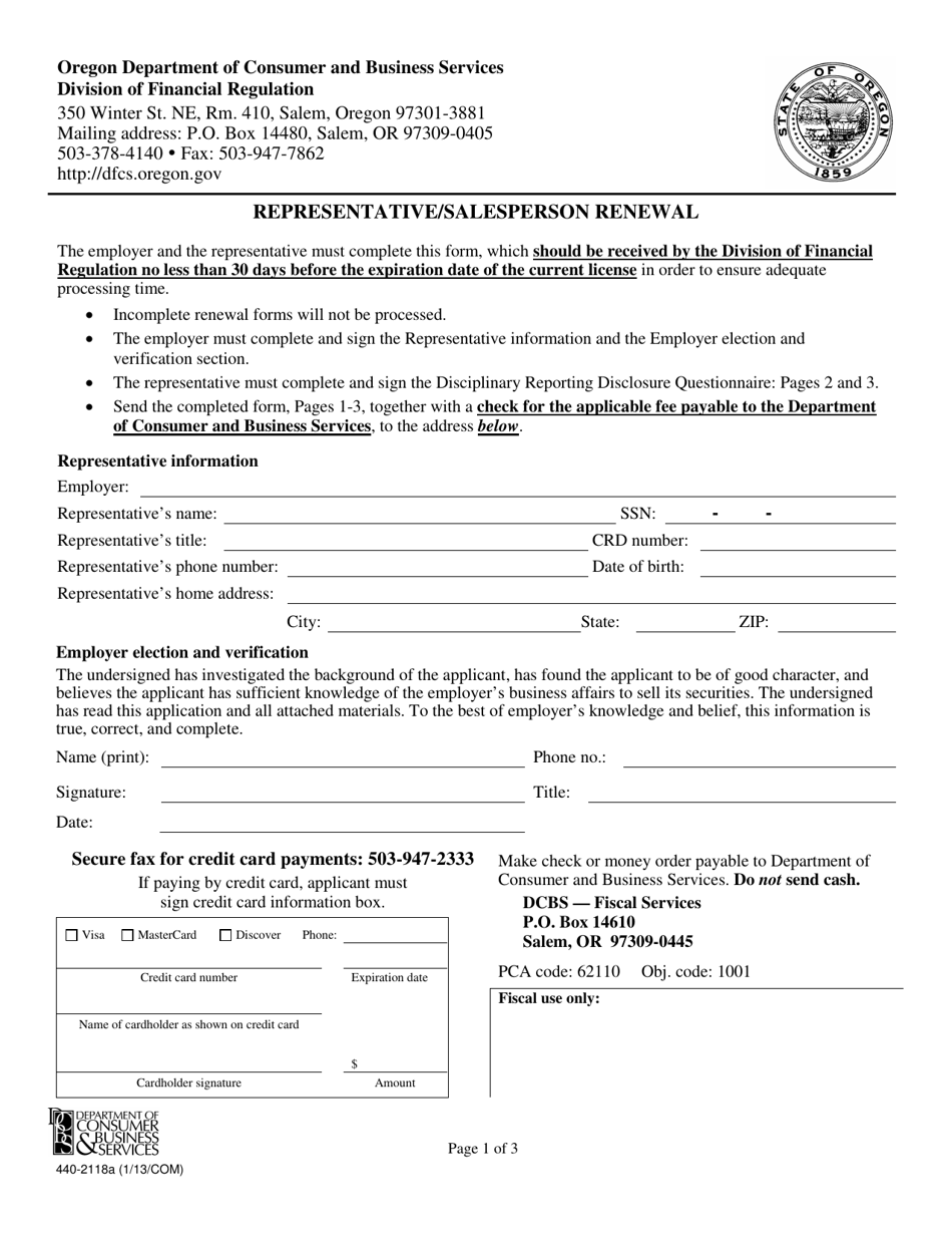 Form 440-2118A Representative / Salesperson Renewal - Oregon, Page 1